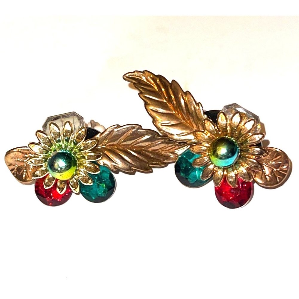 Flower and Leaf Costume Statement Earrings Clips Dangle Lightweight Faux Pearl